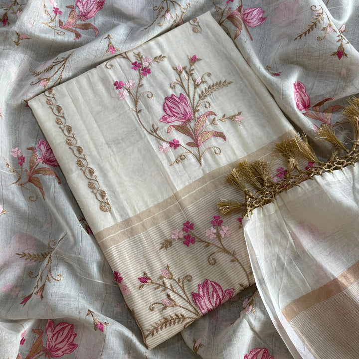 Premium Mul Chanderi Floral Thread Embroidered Unstitched Suit Set - LF1401-A2