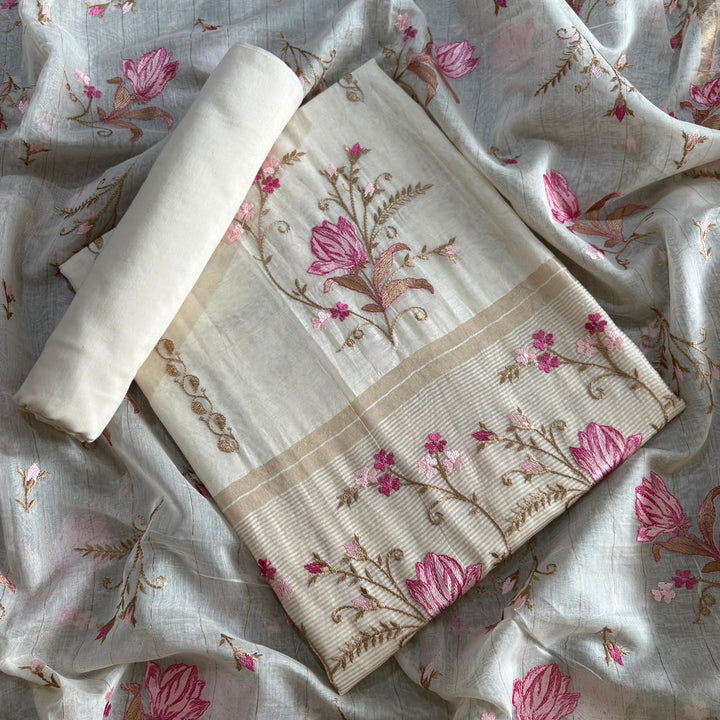 Premium Mul Chanderi Floral Thread Embroidered Unstitched Suit Set - LF1401-A2