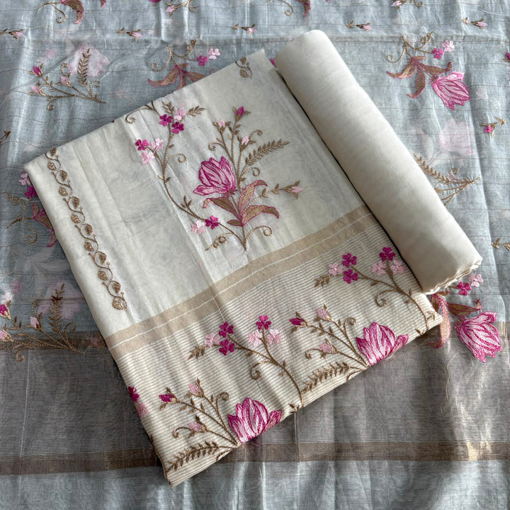 Premium Mul Chanderi Floral Thread Embroidered Unstitched Suit Set - LF1401-A2