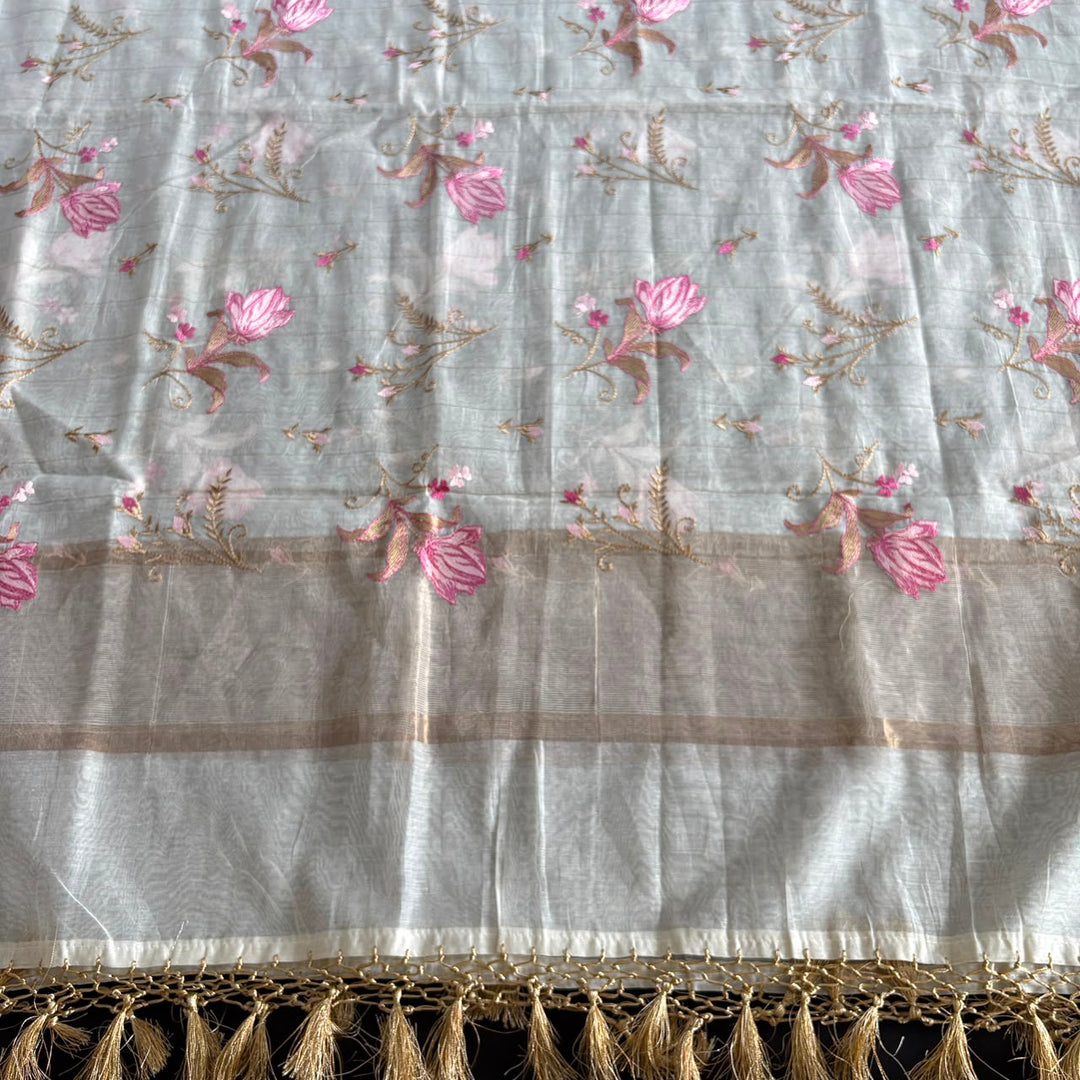 Premium Mul Chanderi Floral Thread Embroidered Unstitched Suit Set - LF1401-A2