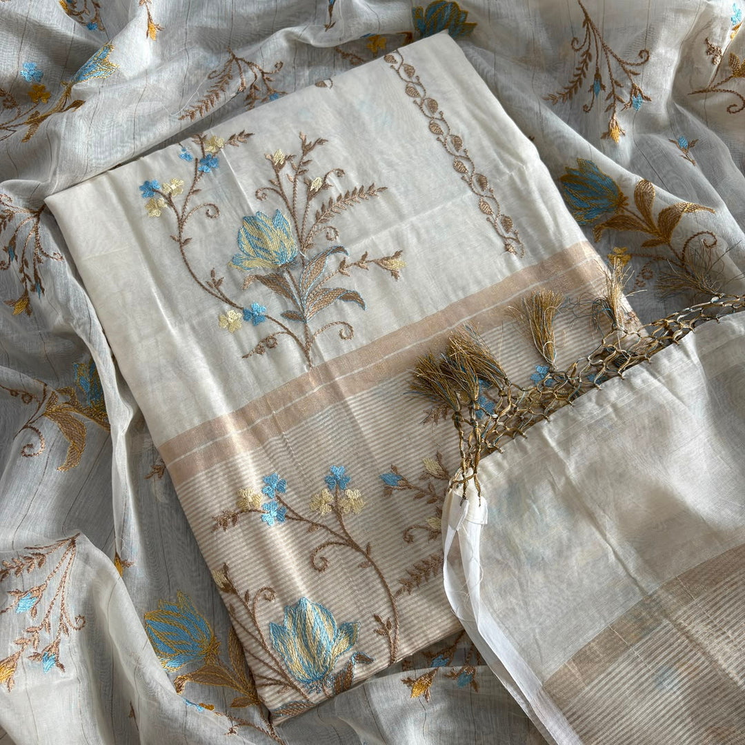 Premium Mul Chanderi Floral Thread Embroidered Unstitched Suit Set - LF1401-A4