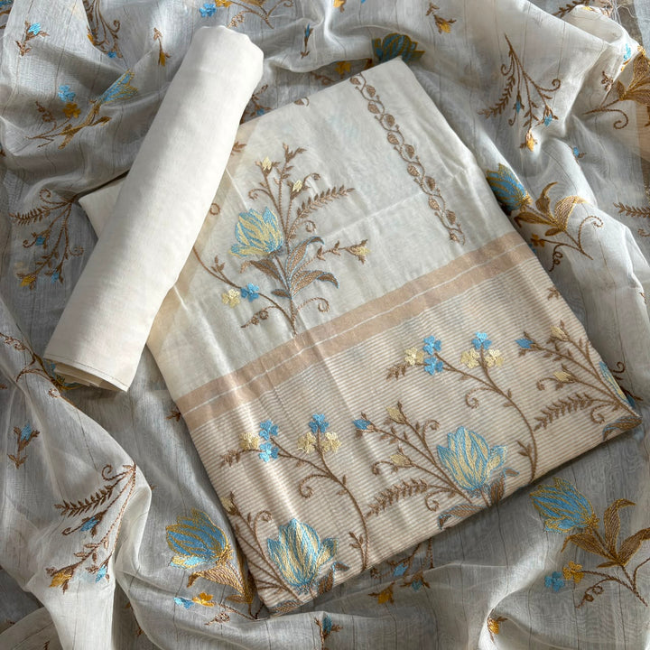 Premium Mul Chanderi Floral Thread Embroidered Unstitched Suit Set - LF1401-A4
