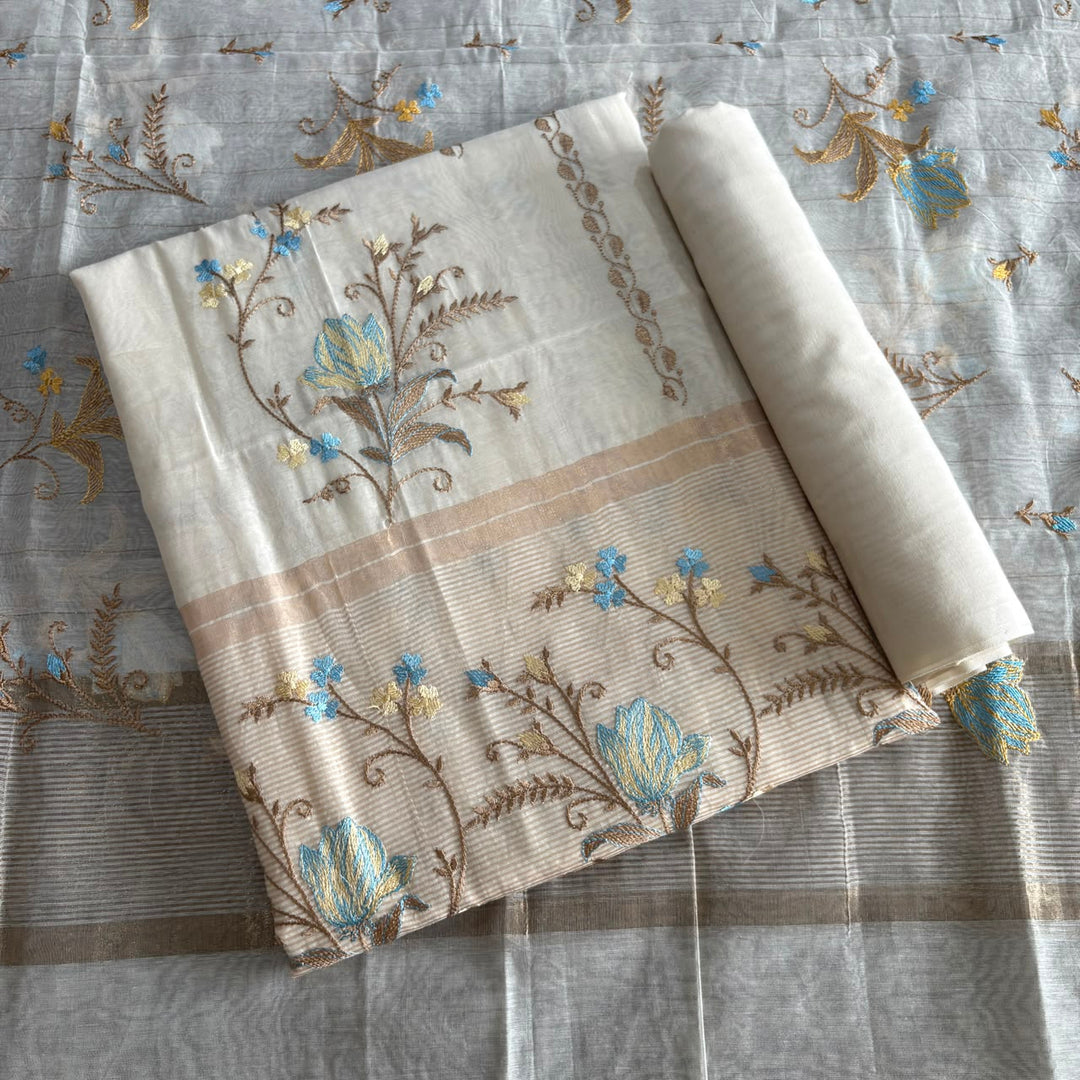 Premium Mul Chanderi Floral Thread Embroidered Unstitched Suit Set - LF1401-A4