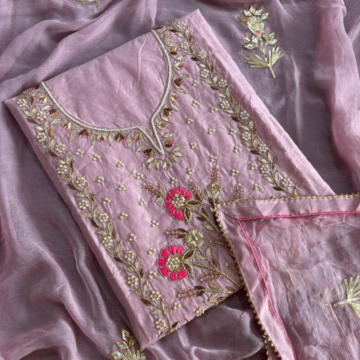 Elegant Chanderi Silk Unstitched Suit Set with Gota Patti & Dabka Embroidery - A15440-C