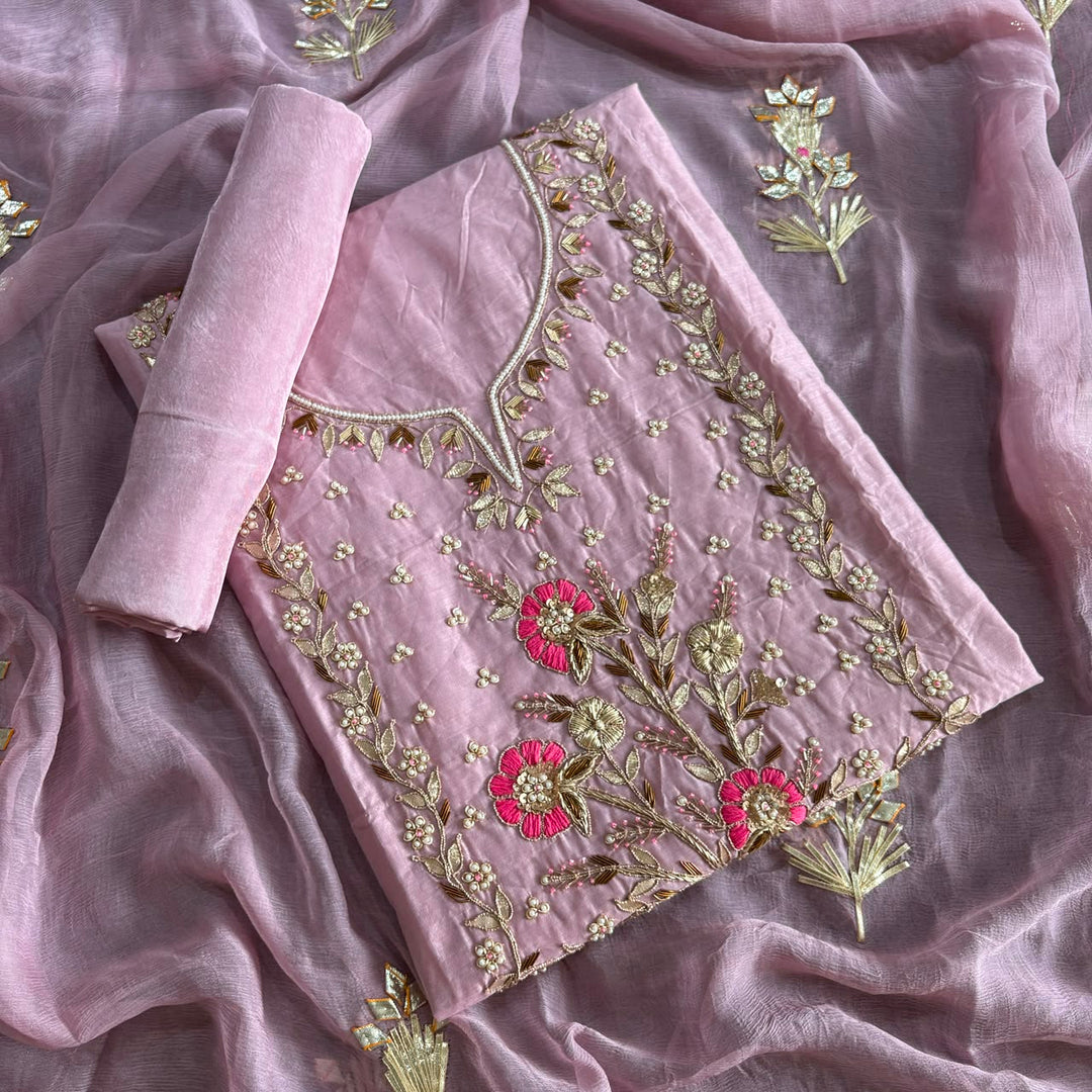 Elegant Chanderi Silk Unstitched Suit Set with Gota Patti & Dabka Embroidery - A15440-C