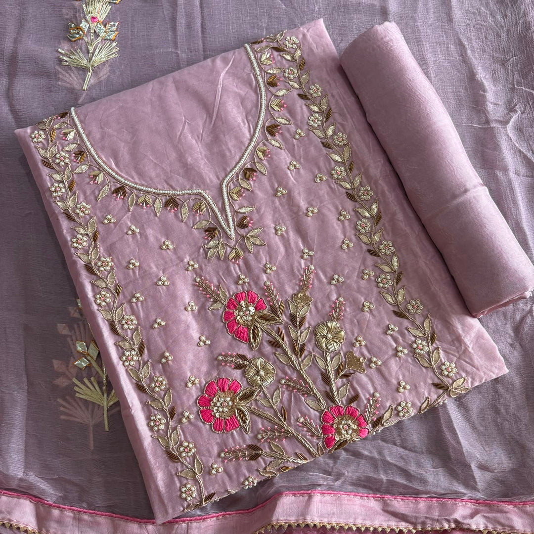 Elegant Chanderi Silk Unstitched Suit Set with Gota Patti & Dabka Embroidery - A15440-C