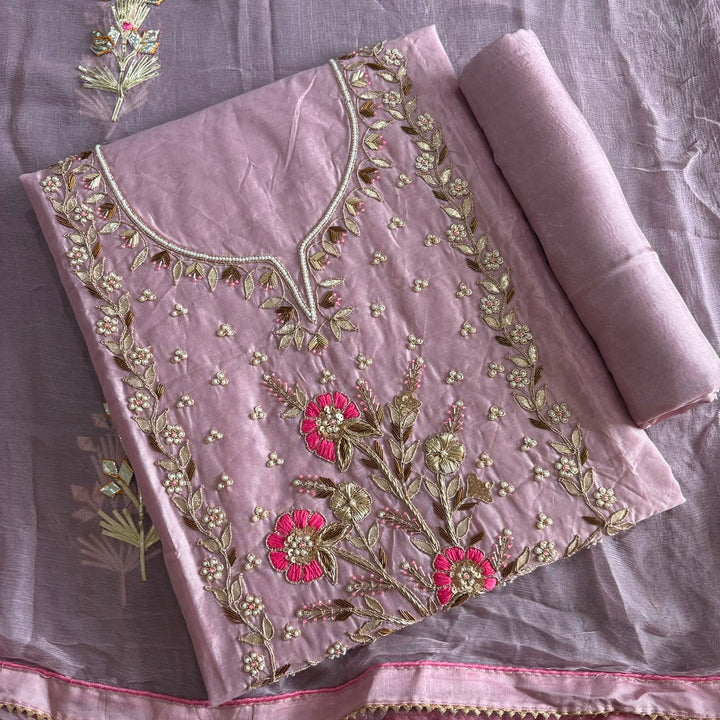 Elegant Chanderi Silk Unstitched Suit Set with Gota Patti & Dabka Embroidery - A15440-C