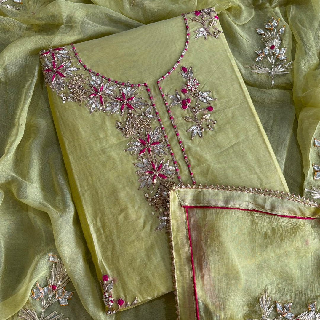 Elegant Chanderi Silk Unstitched Suit Set with Gota Patti, Thread & Dabka Embroidery - 020997-1