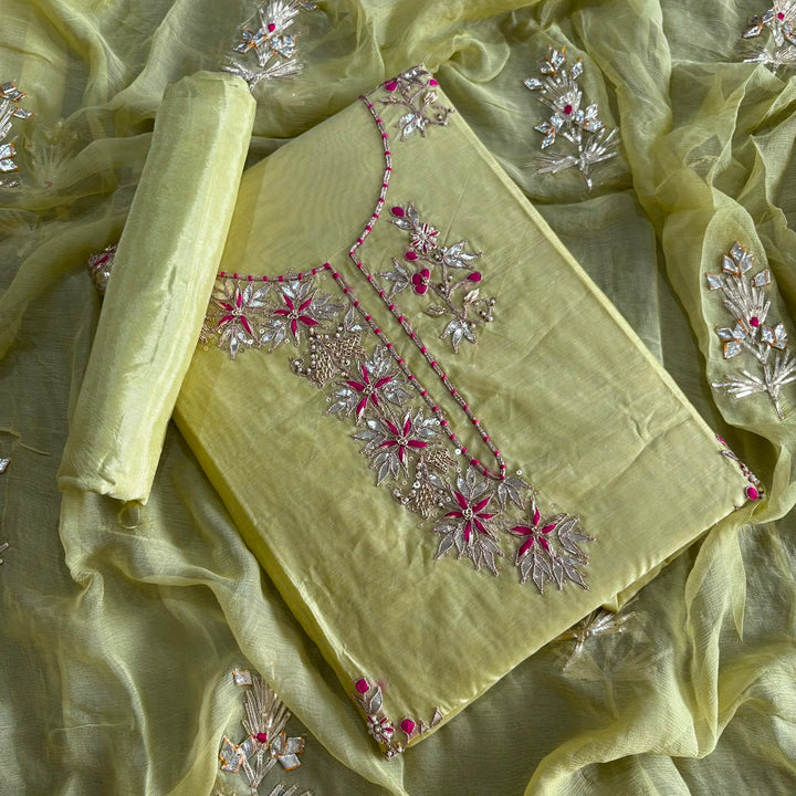 Elegant Chanderi Silk Unstitched Suit Set with Gota Patti, Thread & Dabka Embroidery - 020997-1