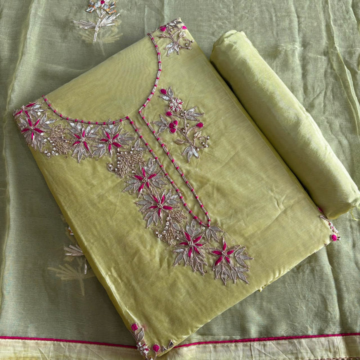 Elegant Chanderi Silk Unstitched Suit Set with Gota Patti, Thread & Dabka Embroidery - 020997-1