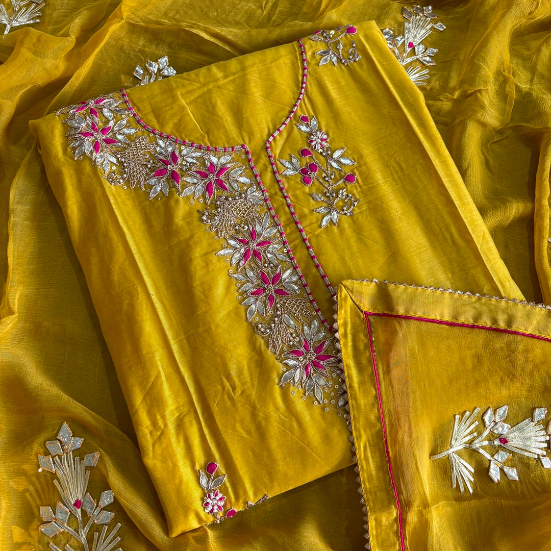 Elegant Chanderi Silk Unstitched Suit Set with Gota Patti, Thread & Dabka Embroidery - 020997-2