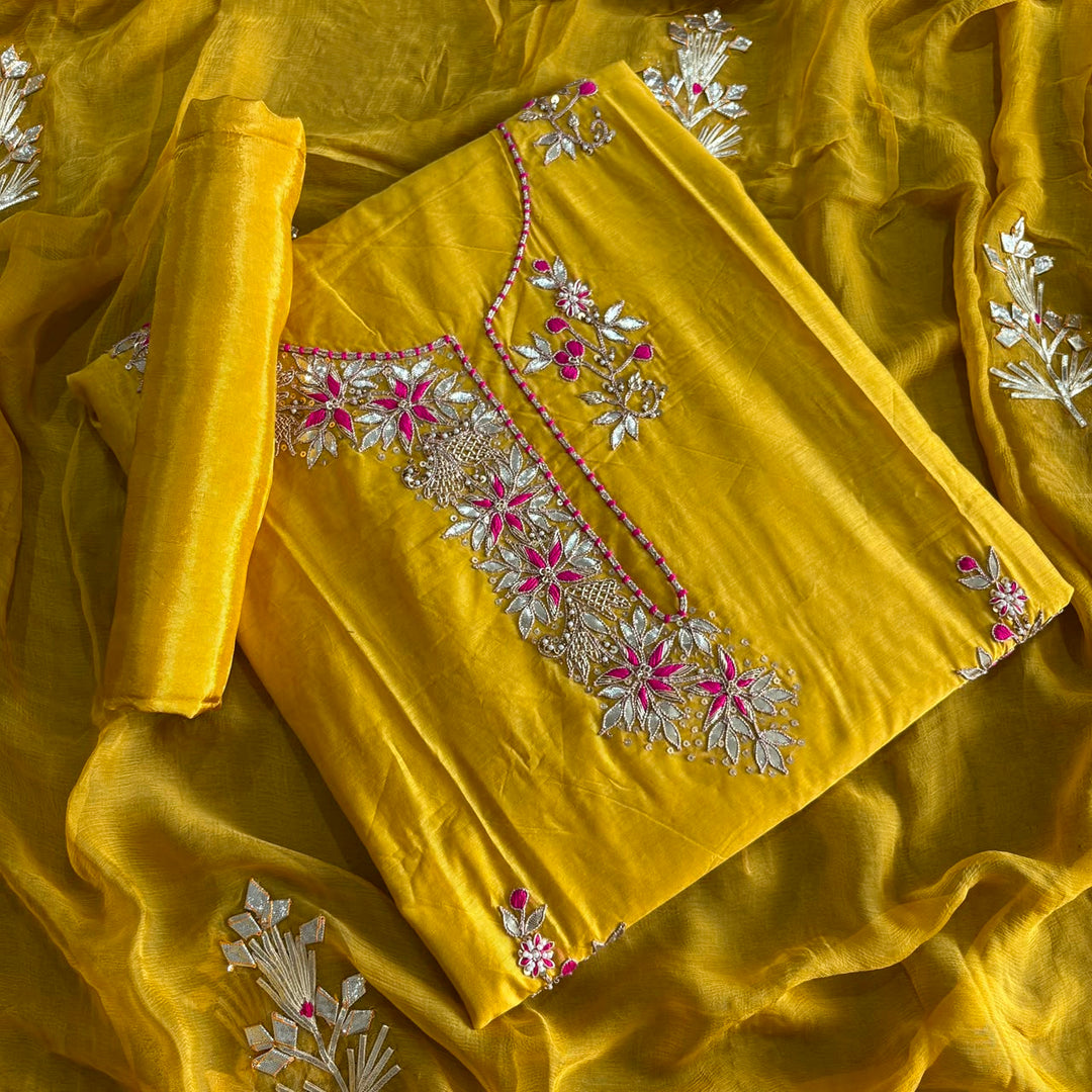 Elegant Chanderi Silk Unstitched Suit Set with Gota Patti, Thread & Dabka Embroidery - 020997-2