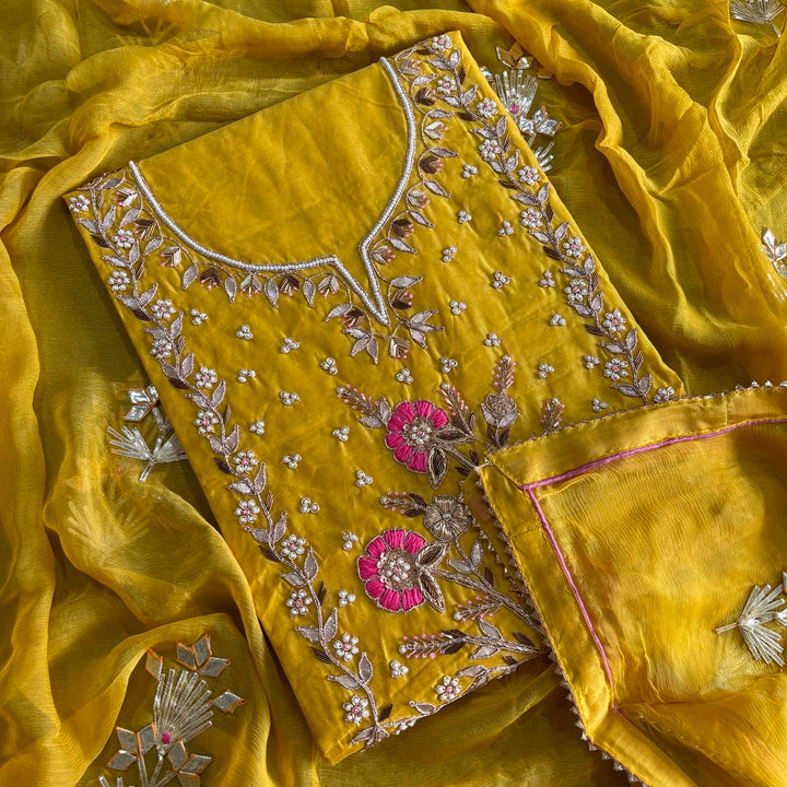 Elegant Chanderi Silk Unstitched Suit Set with Gota Patti & Dabka Embroidery - A15440-B
