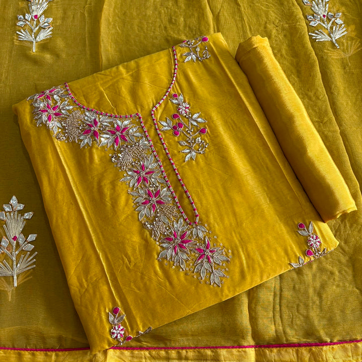 Elegant Chanderi Silk Unstitched Suit Set with Gota Patti & Dabka Embroidery - A15440-B