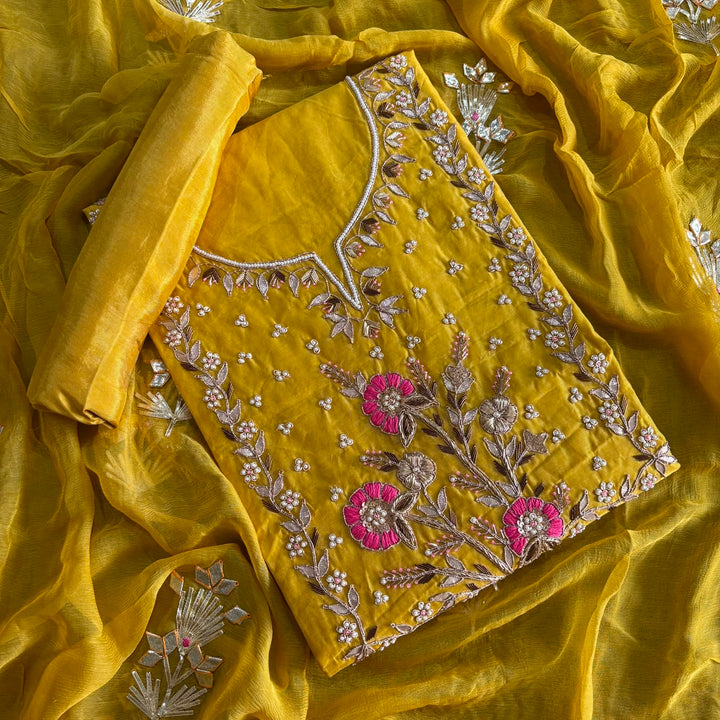 Elegant Chanderi Silk Unstitched Suit Set with Gota Patti & Dabka Embroidery - A15440-B