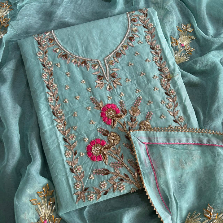 Elegant Chanderi Silk Unstitched Suit Set with Gota Patti & Dabka Embroidery - A15440-D