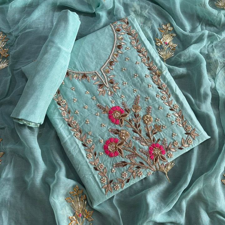 Elegant Chanderi Silk Unstitched Suit Set with Gota Patti & Dabka Embroidery - A15440-D