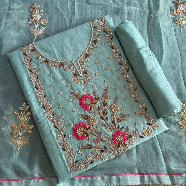 Elegant Chanderi Silk Unstitched Suit Set with Gota Patti & Dabka Embroidery - A15440-D