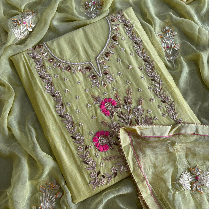 Elegant Chanderi Silk Unstitched Suit Set with Gota Patti & Dabka Embroidery - A15440-A
