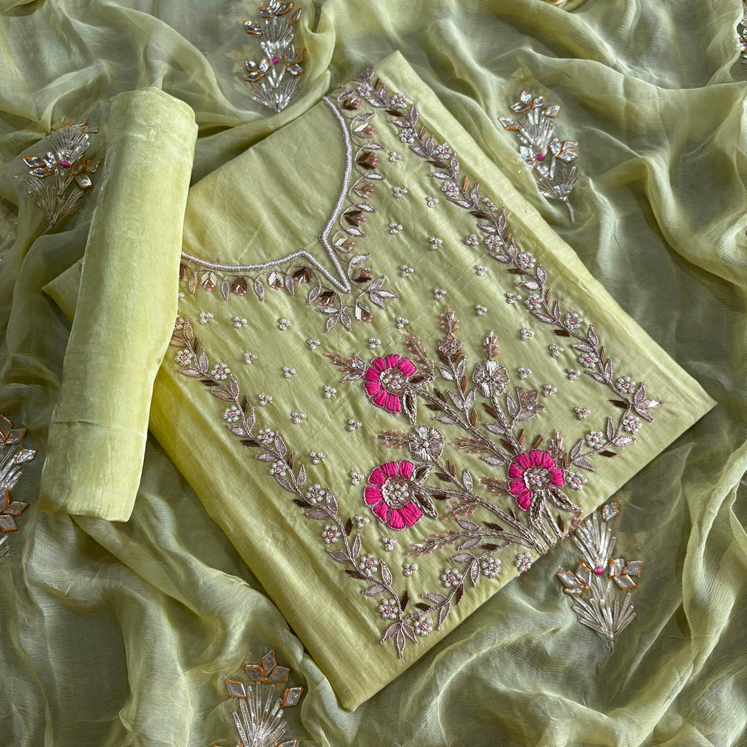 Elegant Chanderi Silk Unstitched Suit Set with Gota Patti & Dabka Embroidery - A15440-A