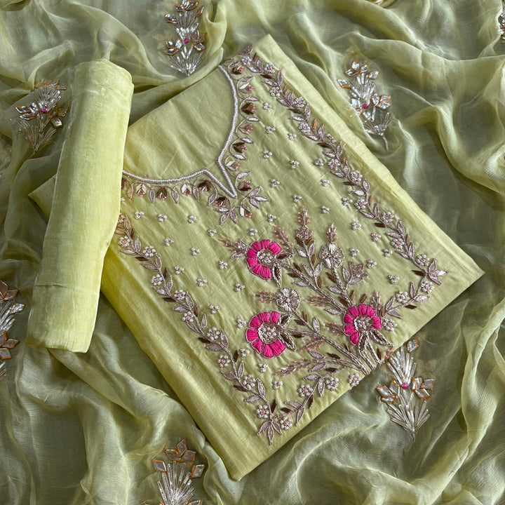 Elegant Chanderi Silk Unstitched Suit Set with Gota Patti & Dabka Embroidery - A15440-A