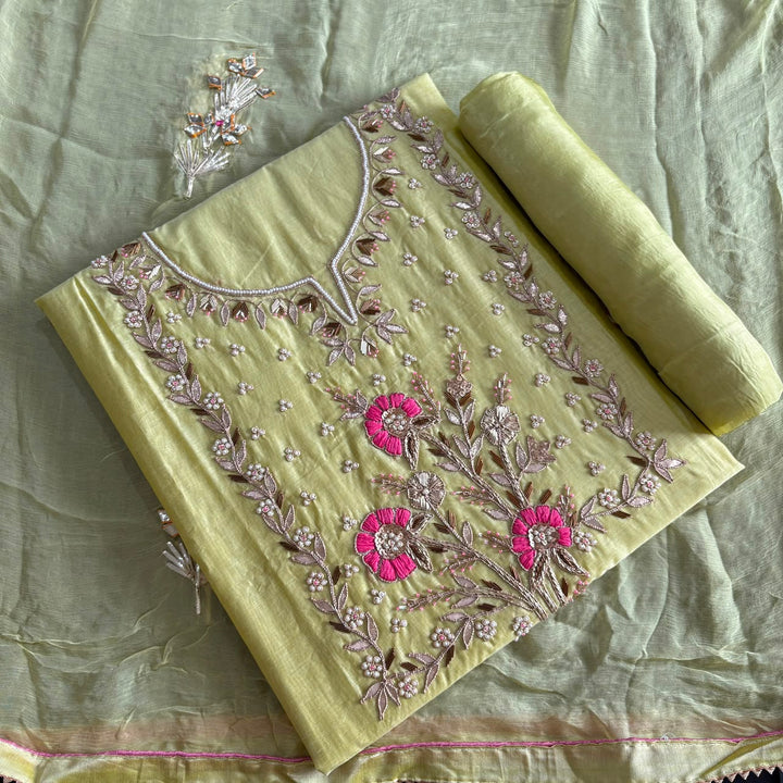 Elegant Chanderi Silk Unstitched Suit Set with Gota Patti & Dabka Embroidery - A15440-A