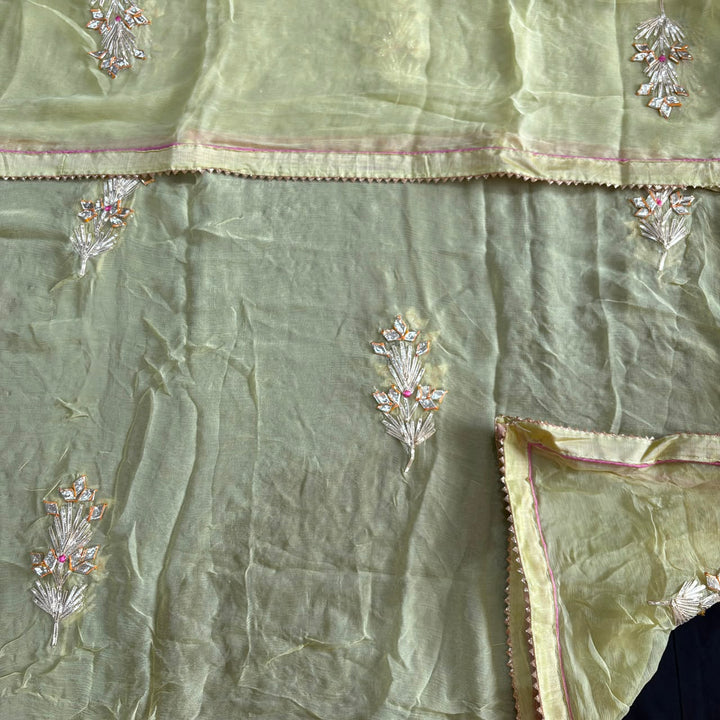 Elegant Chanderi Silk Unstitched Suit Set with Gota Patti & Dabka Embroidery - A15440-A