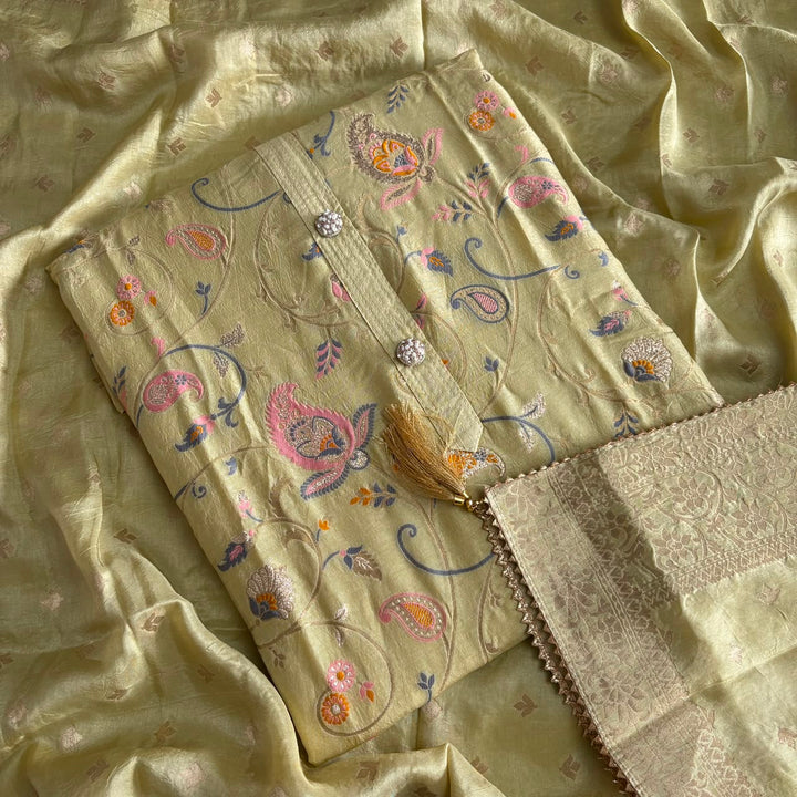 Premium Dola Silk Jamdani Weave Unstitched Suit Set-RE22766-1