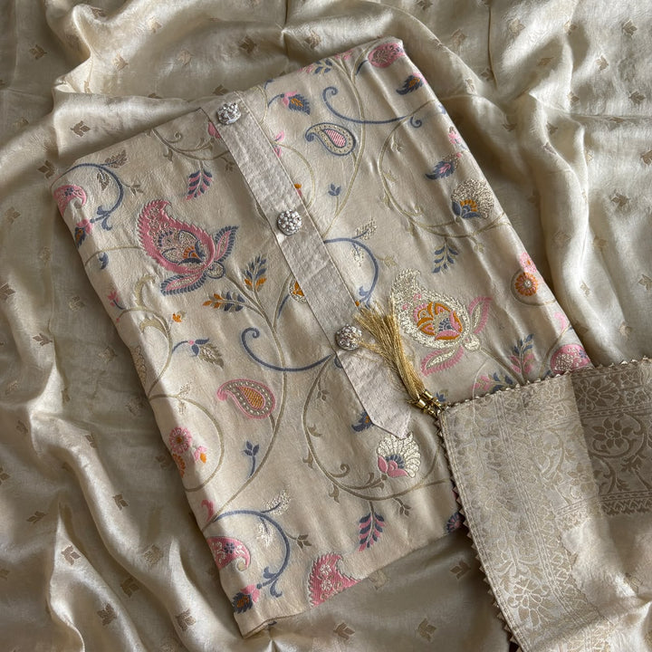 Premium Dola Silk Jamdani Weave Unstitched Suit Set-RE22766-2