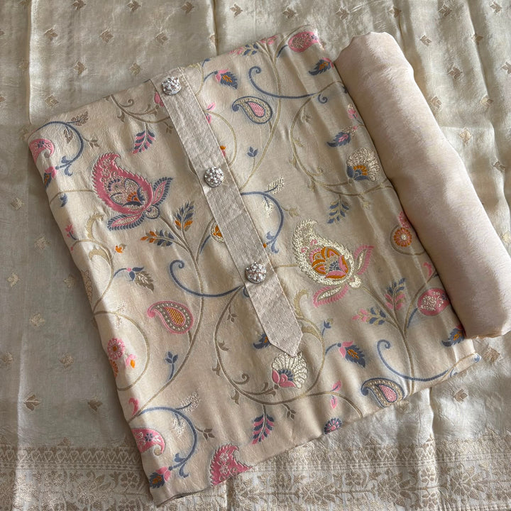 Premium Dola Silk Jamdani Weave Unstitched Suit Set-RE22766-2