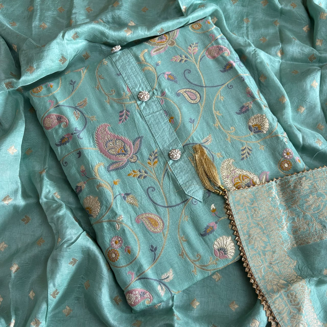 Premium Dola Silk Jamdani Weave Unstitched Suit Set-RE22766-3