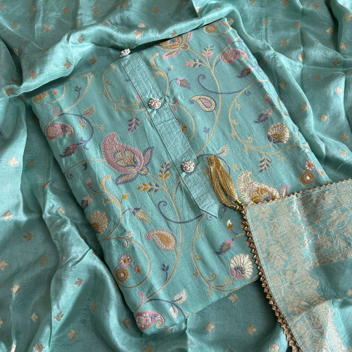 Premium Dola Silk Jamdani Weave Unstitched Suit Set-RE22766-3