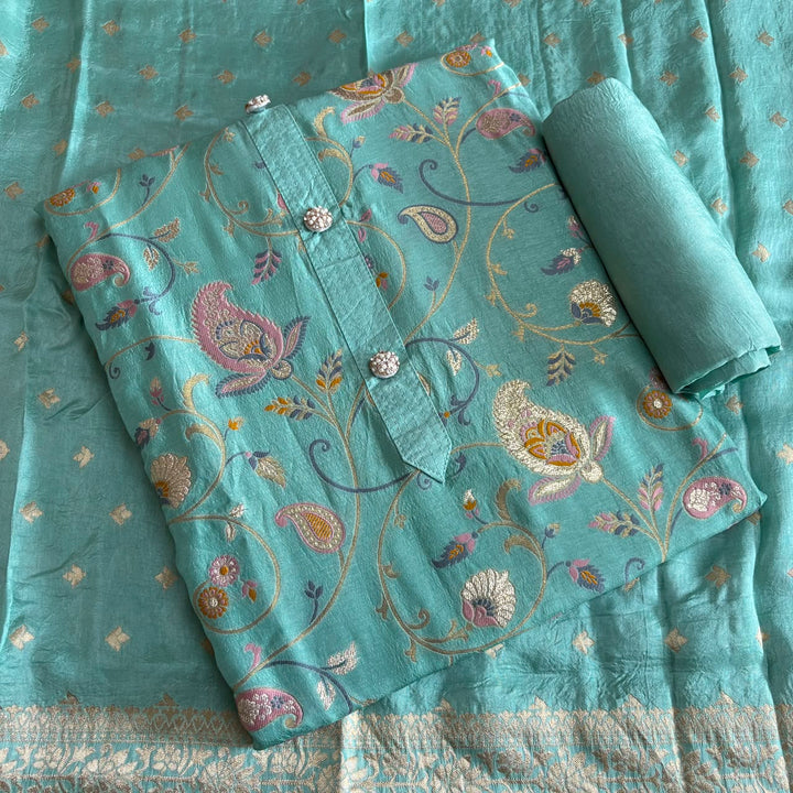 Premium Dola Silk Jamdani Weave Unstitched Suit Set-RE22766-3