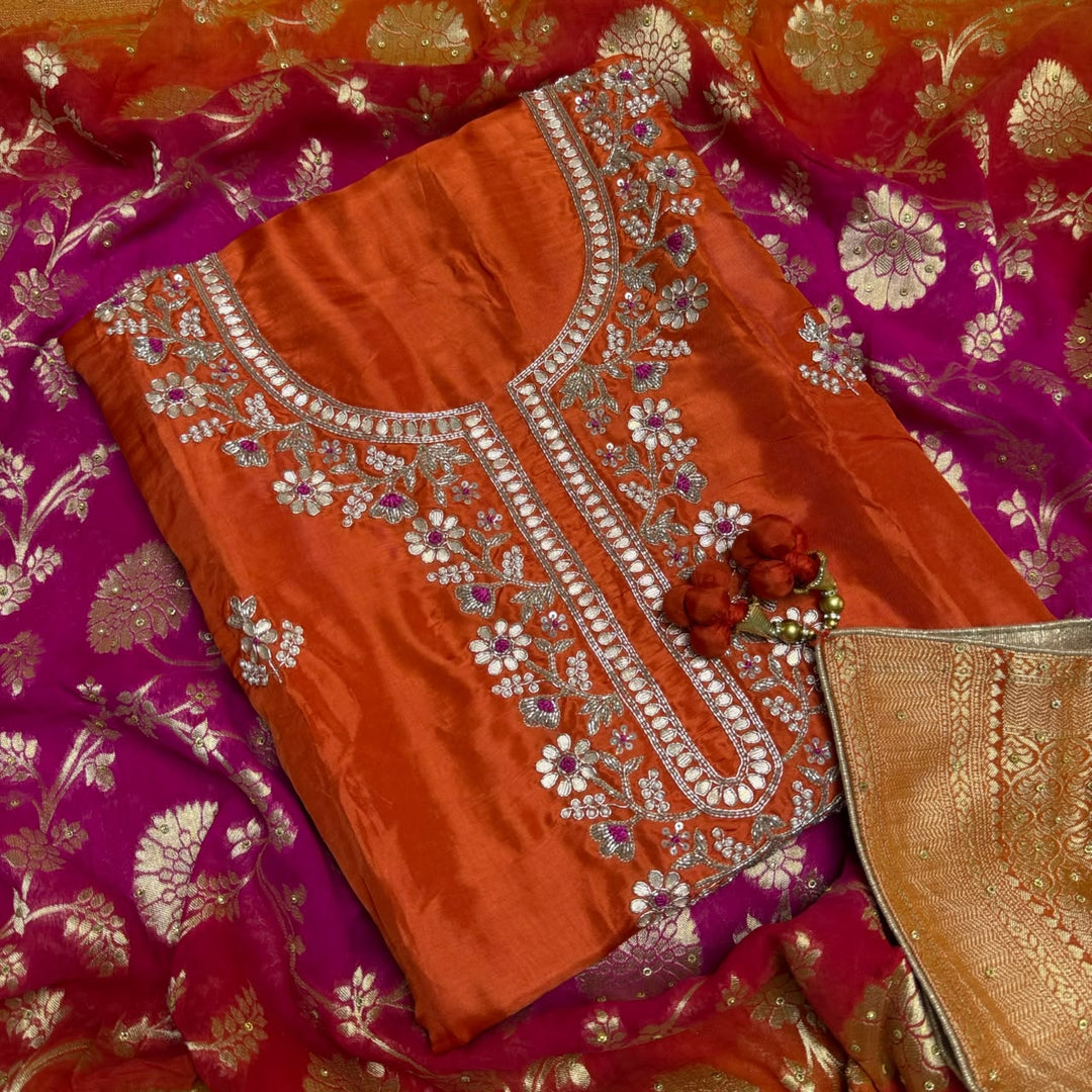 Premium Upada Silk Handwork Unstitched Suit Set-HS0245-A1