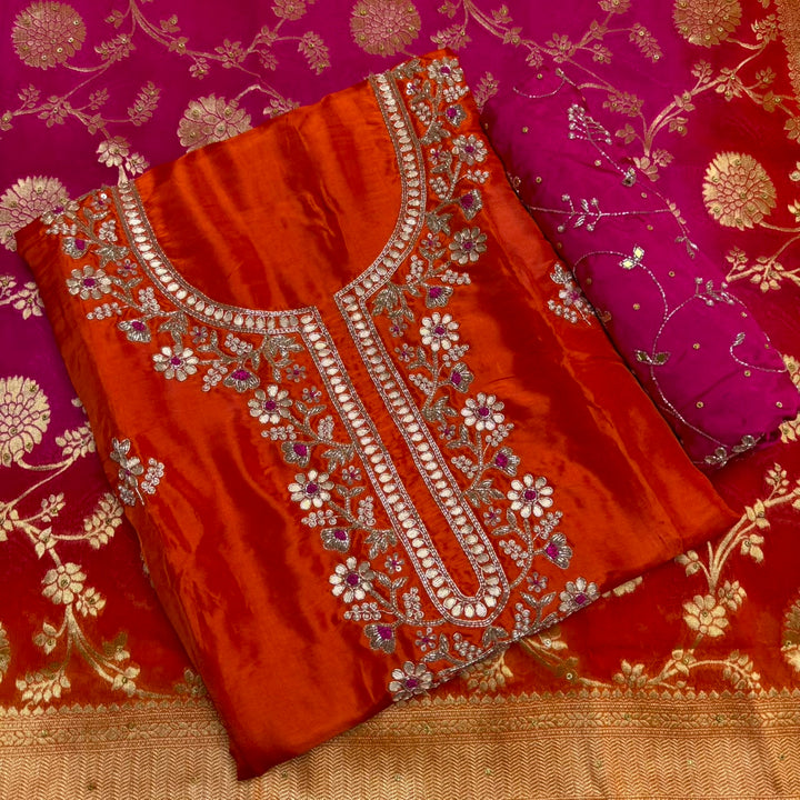 Premium Upada Silk Handwork Unstitched Suit Set-HS0245-A1