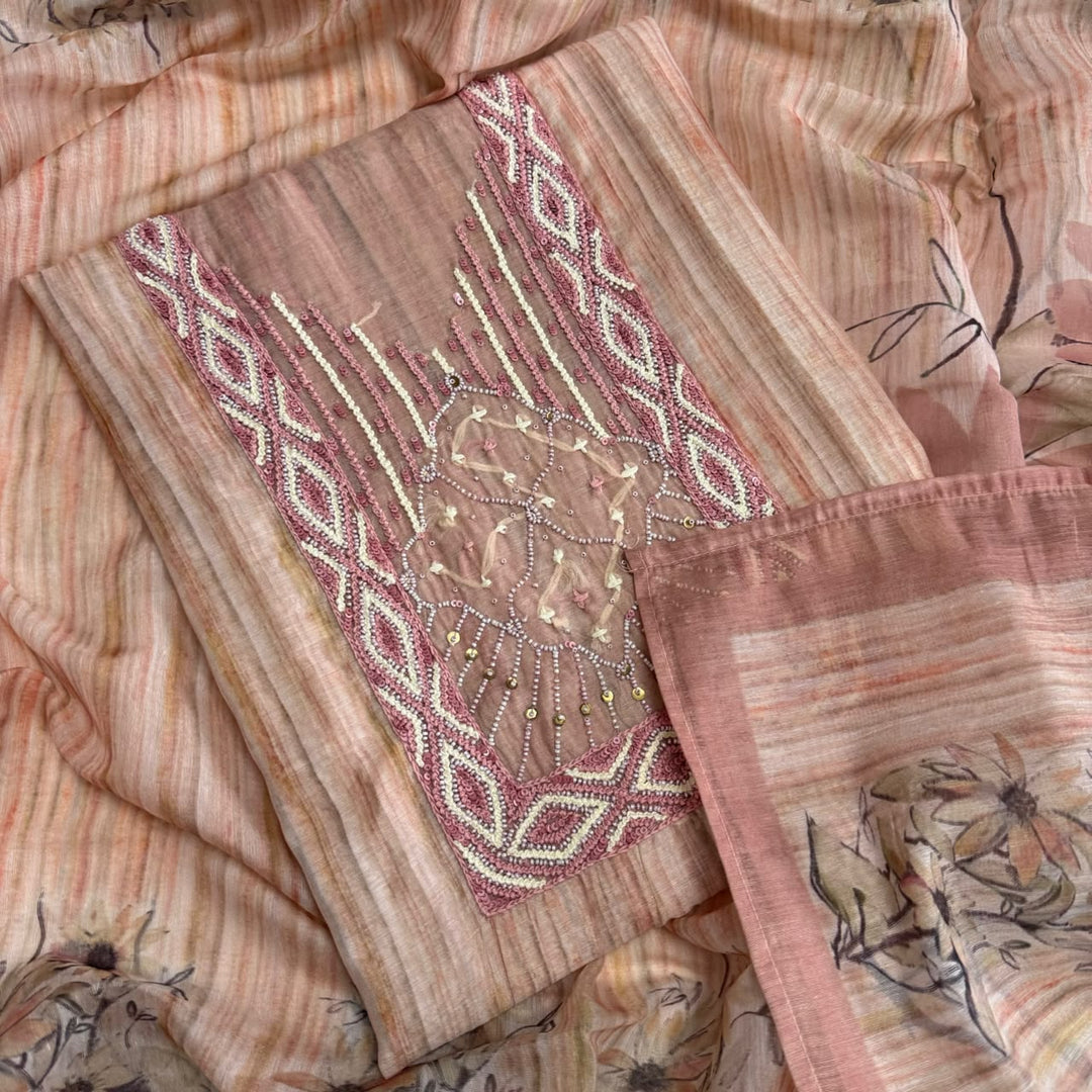 Elegant Chanderi Thread Embroidered Unstitched Suit Set-NRK8694-01