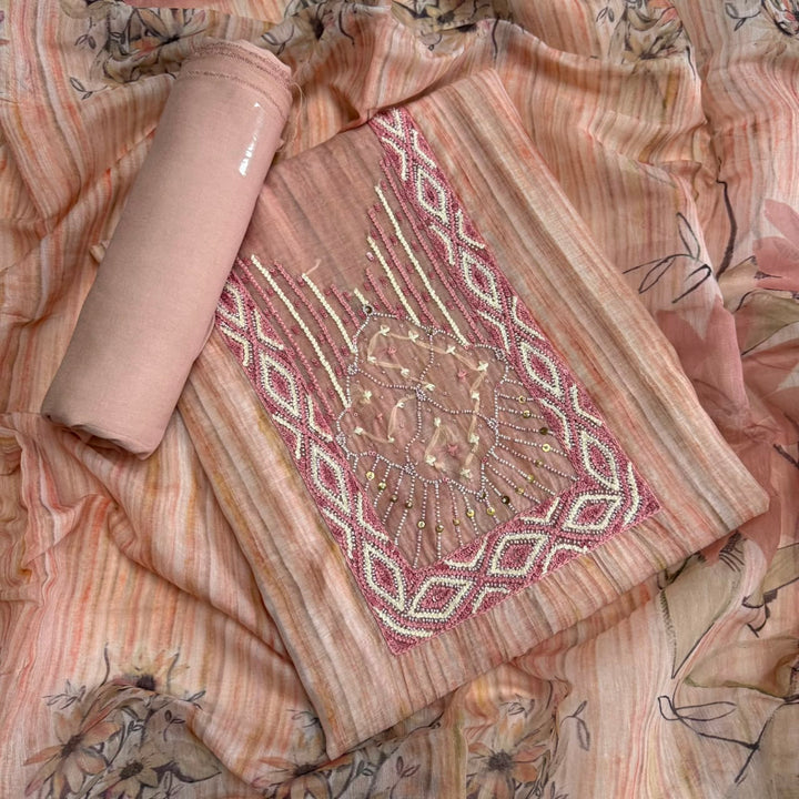 Elegant Chanderi Thread Embroidered Unstitched Suit Set-NRK8694-01