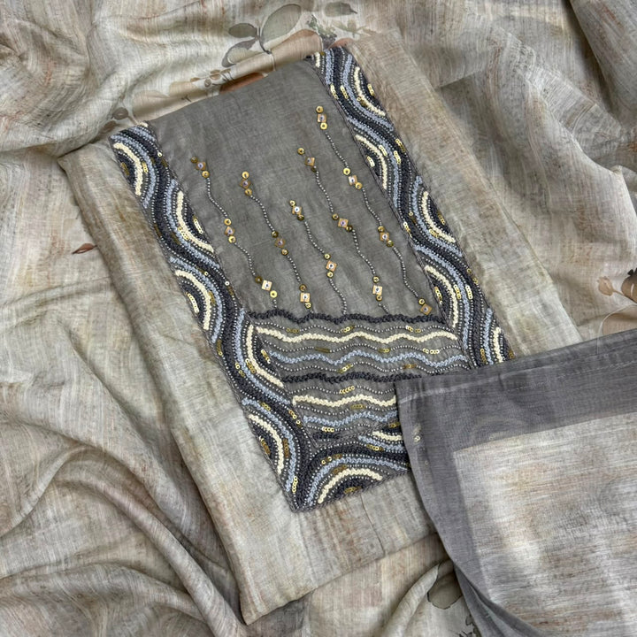 Elegant Chanderi Thread Embroidered Unstitched Suit Set-NRK8662-01