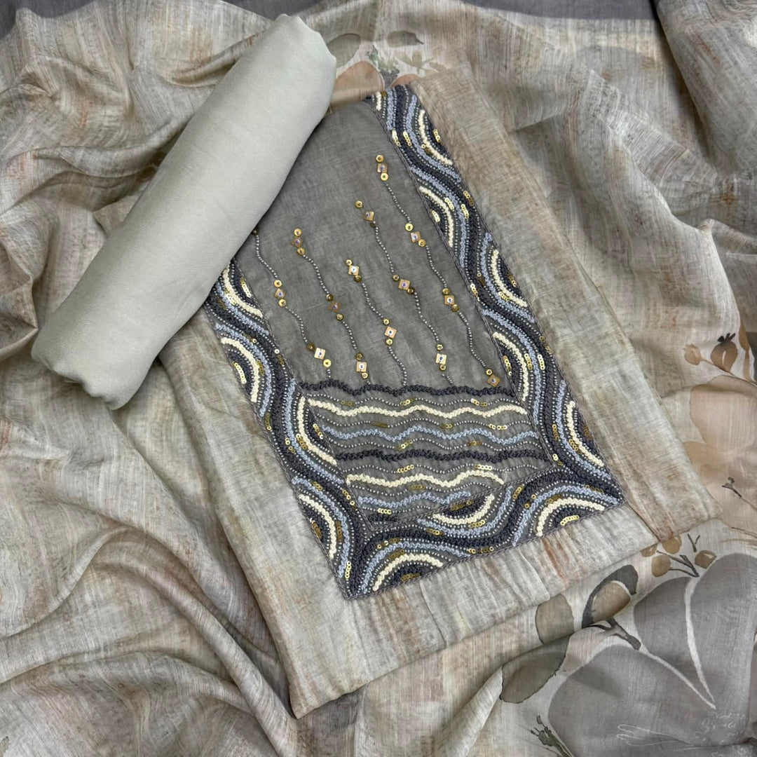 Elegant Chanderi Thread Embroidered Unstitched Suit Set-NRK8662-01