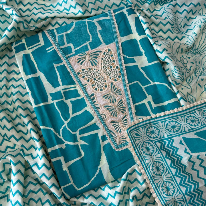 Elegant Geometrical Cotton Printed Unstitched Suit Set-FM0093-1