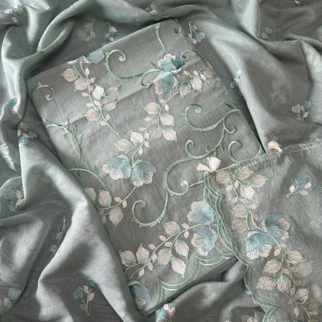 Premium Mul Chanderi Floral Thread Embroidered Unstitched Suit Set -LF1602-4