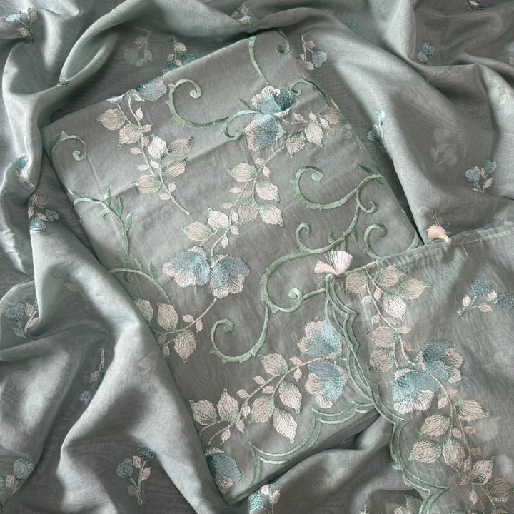 Premium Mul Chanderi Floral Thread Embroidered Unstitched Suit Set -LF1602-4