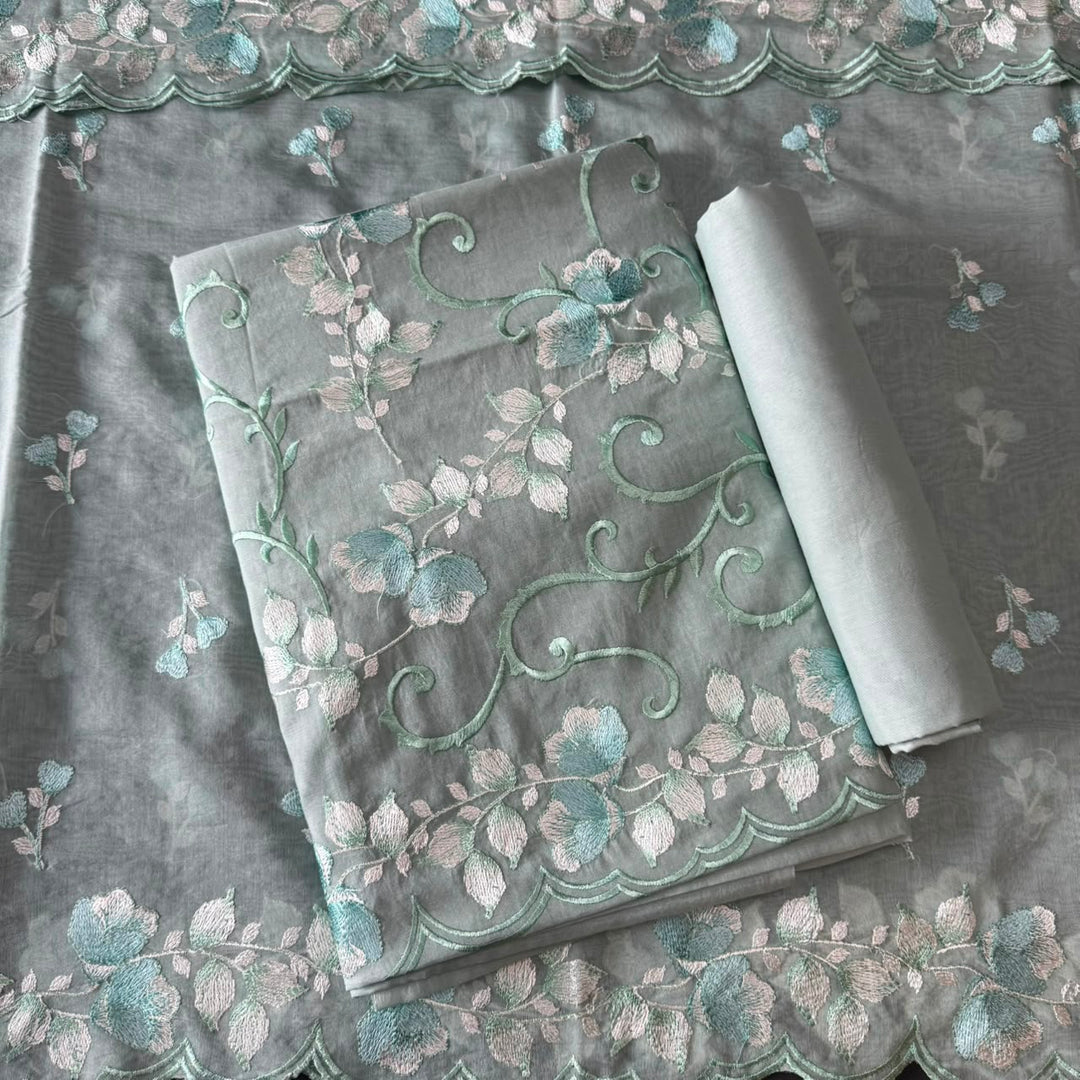 Premium Mul Chanderi Floral Thread Embroidered Unstitched Suit Set -LF1602-4