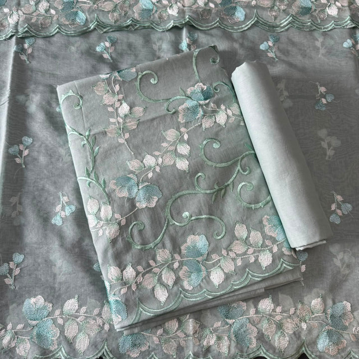 Premium Mul Chanderi Floral Thread Embroidered Unstitched Suit Set -LF1602-4
