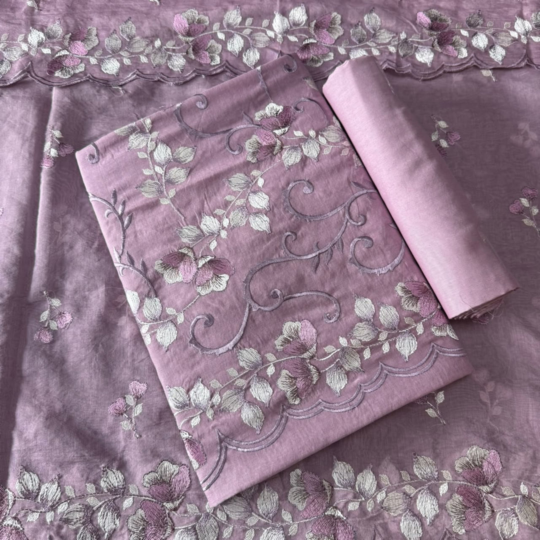 Premium Mul Chanderi Floral Thread Embroidered Unstitched Suit Set -LF1602-3