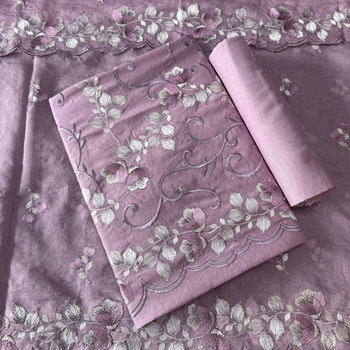 Premium Mul Chanderi Floral Thread Embroidered Unstitched Suit Set -LF1602-3