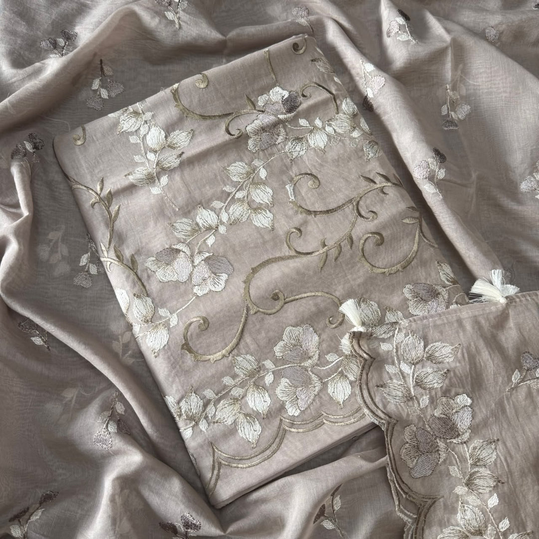 Premium Mul Chanderi Floral Thread Embroidered Unstitched Suit Set -LF1602-5