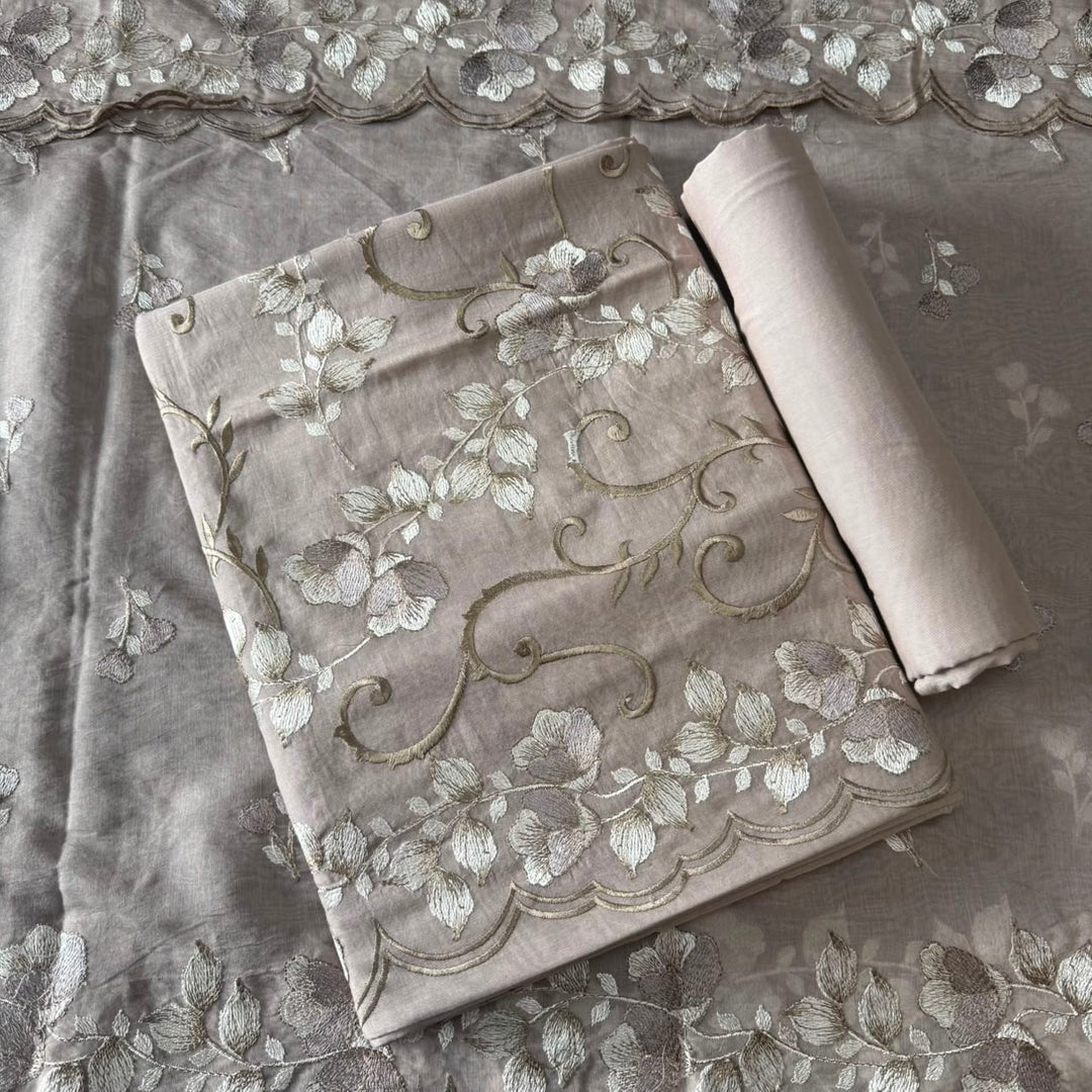 Premium Mul Chanderi Floral Thread Embroidered Unstitched Suit Set -LF1602-5