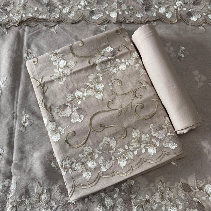 Premium Mul Chanderi Floral Thread Embroidered Unstitched Suit Set -LF1602-5