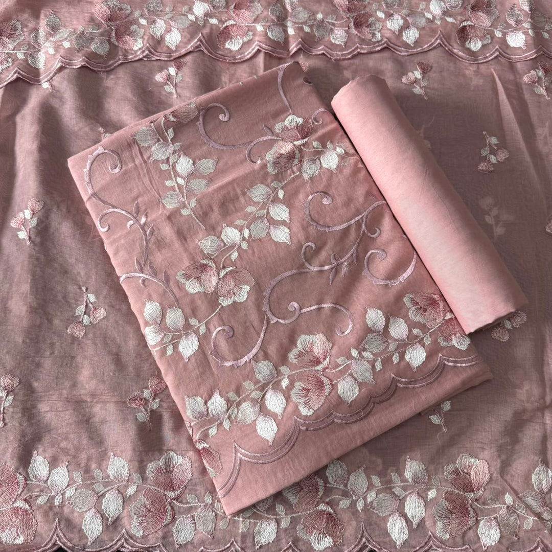 Premium Mul Chanderi Floral Thread Embroidered Unstitched Suit Set -LF1602-1